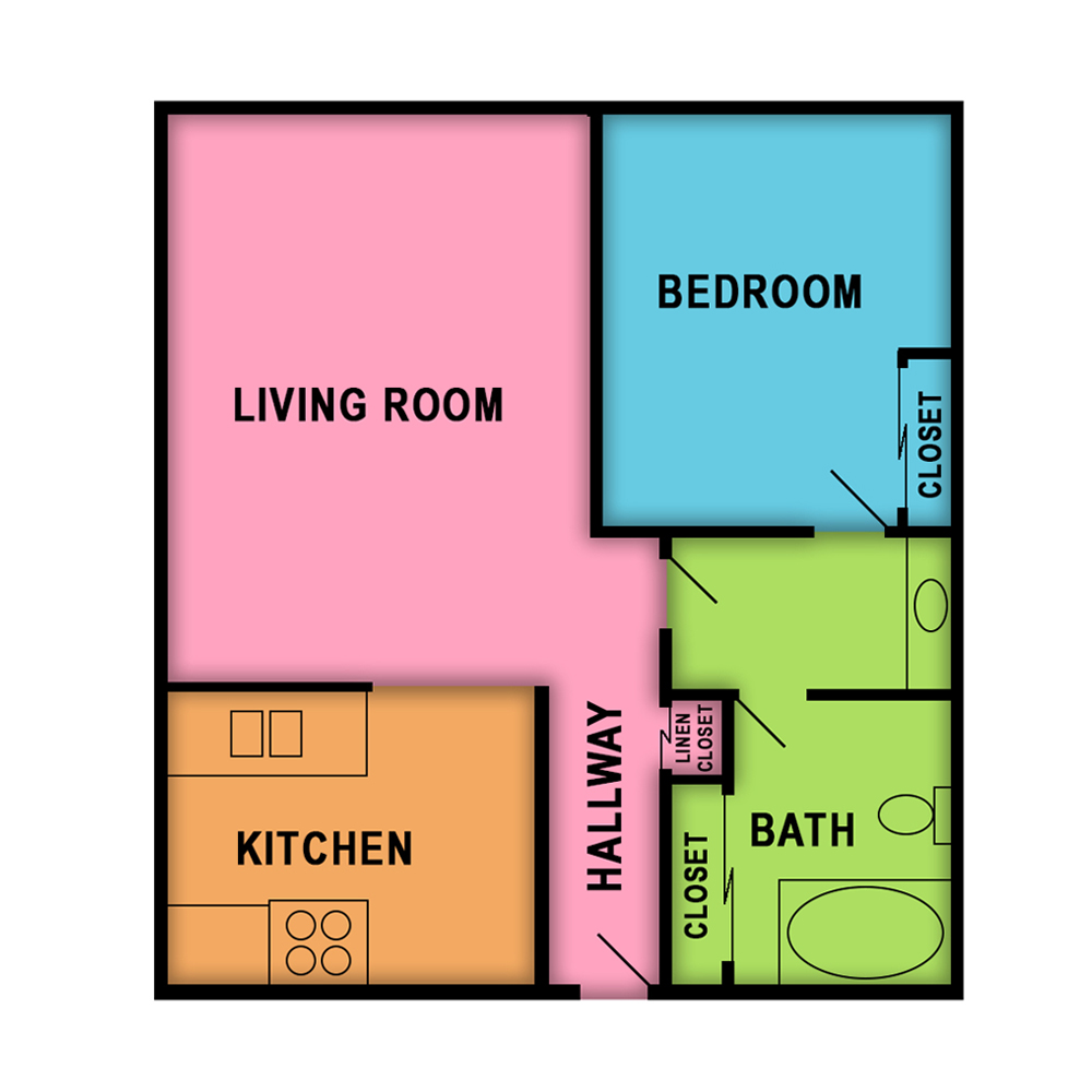 This image is the visual schematic floorplan representation of Plan B at Sunset Pointe Apartments.