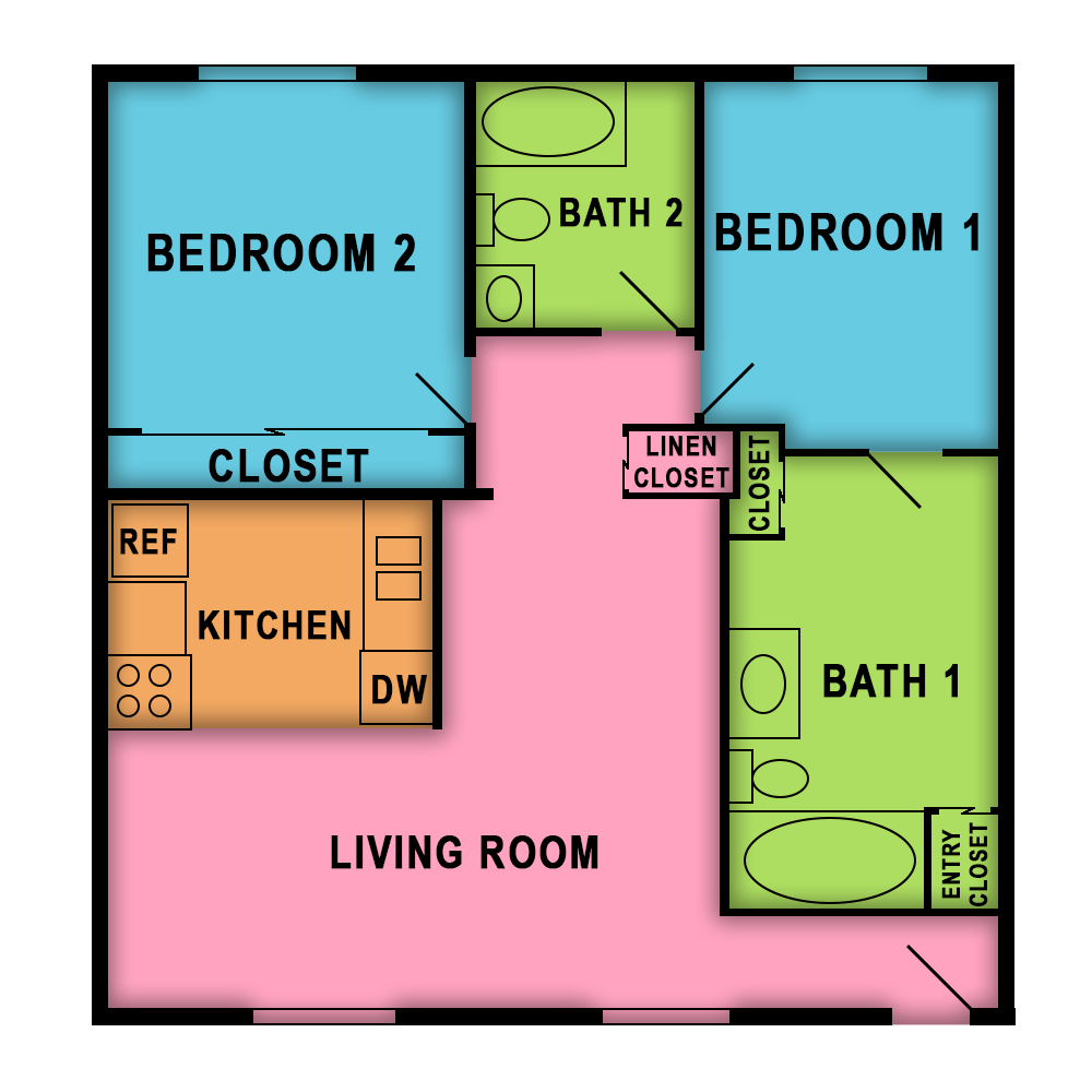 This image is the visual schematic floorplan representation of Plan D at Sunset Pointe Apartment Homes.