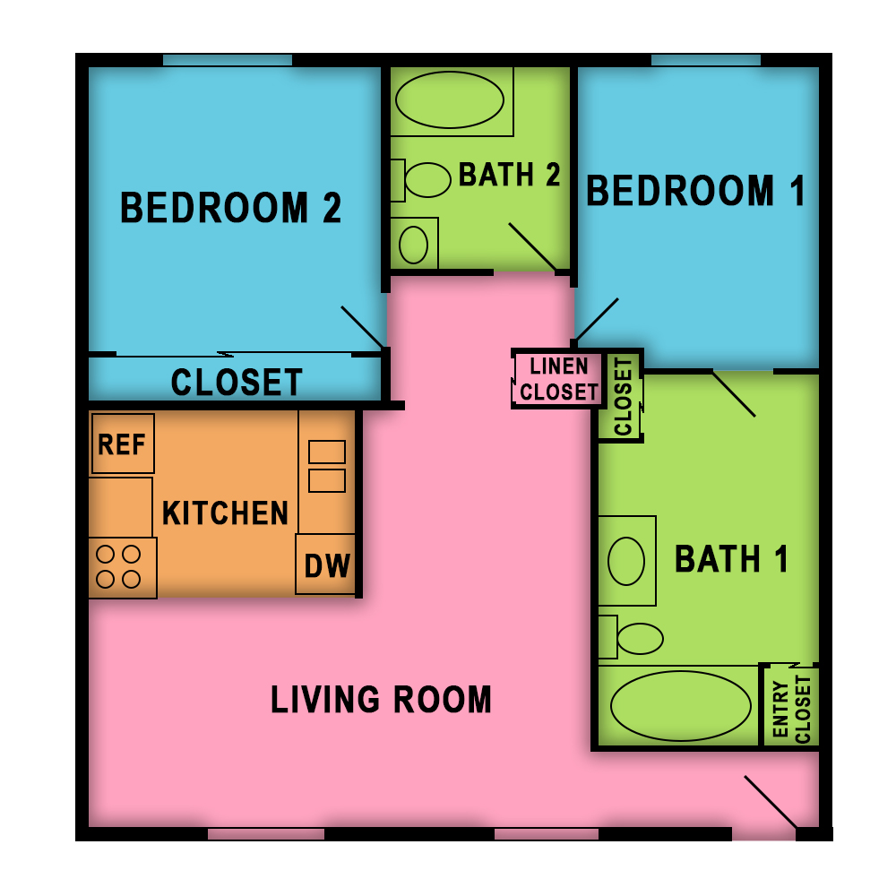 This image is the visual schematic floorplan representation of Plan D at Sunset Pointe Apartments.