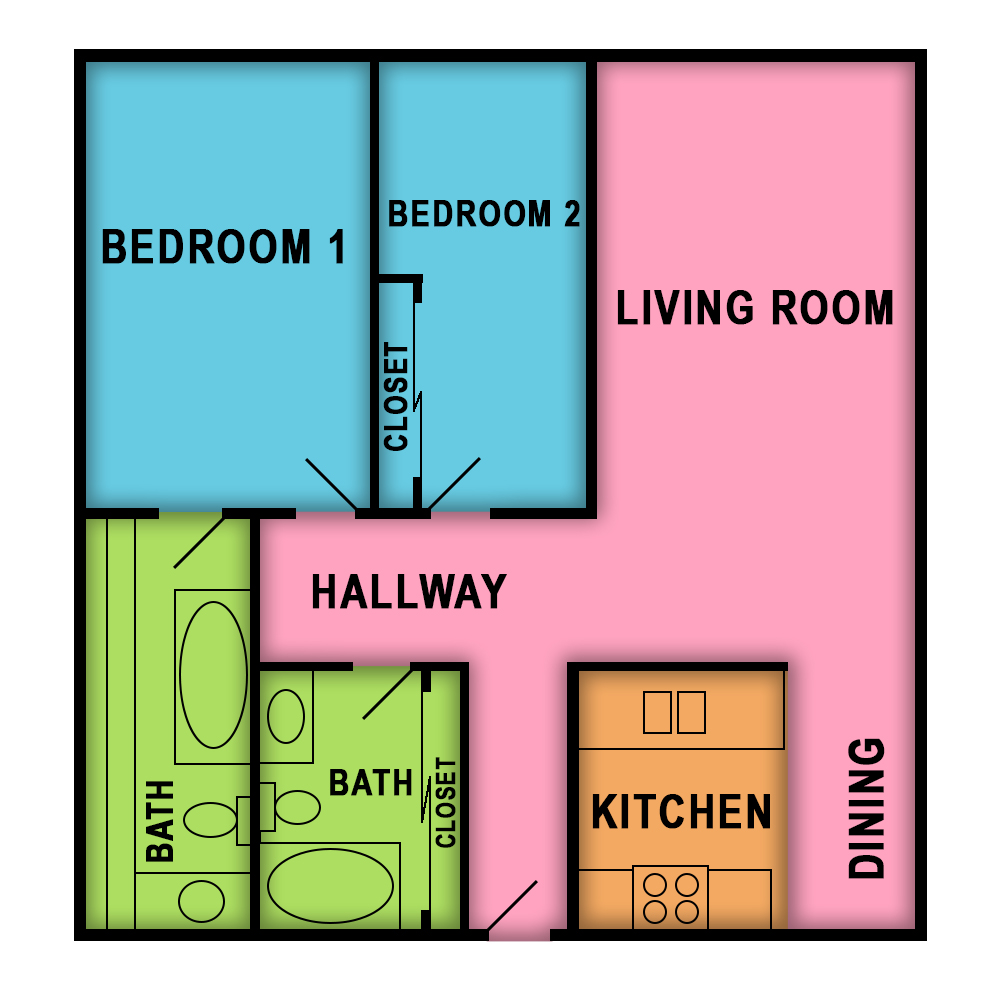 This image is the visual schematic floorplan representation of Plan E at Sunset Pointe Apartments.